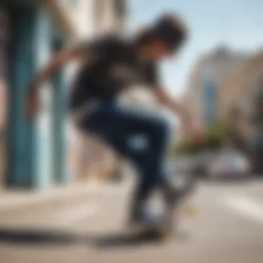 Skateboarder wearing bandana print shoes in an urban environment