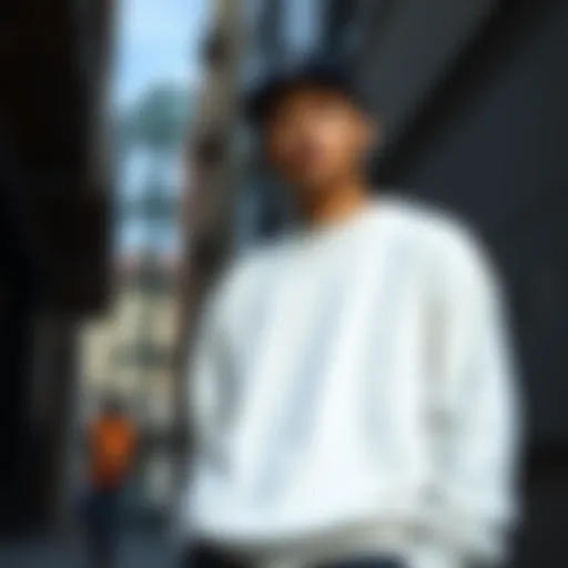 Minimalistic cool white sweatshirt on a street backdrop