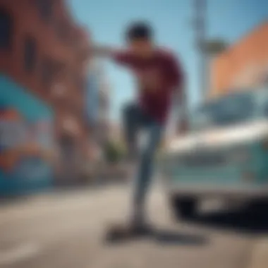 A skateboarder showcasing their colorful tattoo vans against a graffiti backdrop.