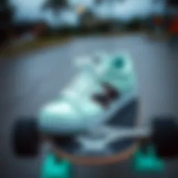 Stylish mint sneakers on a skateboard