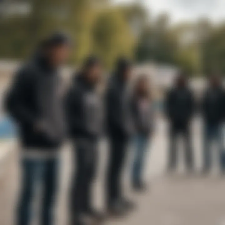 A group of friends in black hoodies hanging out at a skate park.