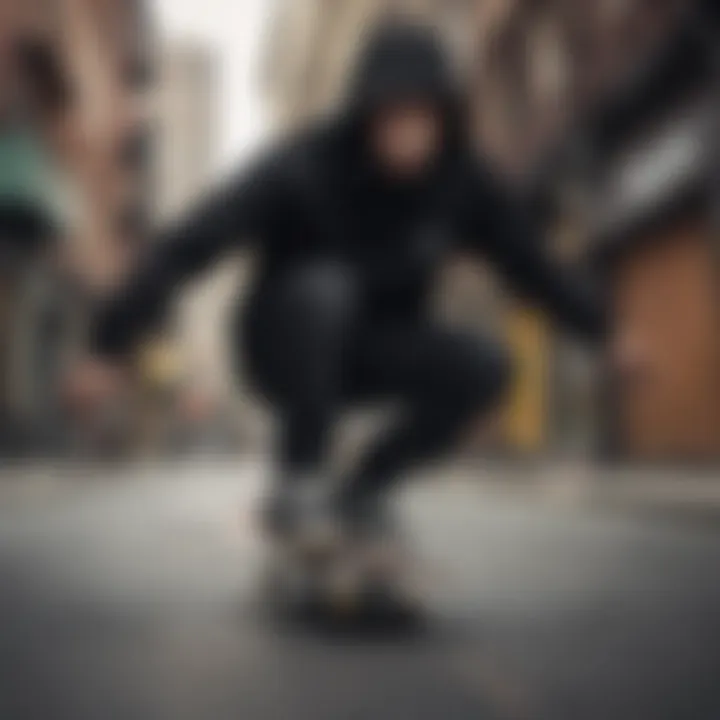 A skateboarder performing tricks while wearing a black hoodie in an urban setting.