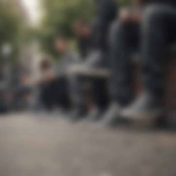 A group of skateboarders hanging out, all wearing various black and gray Nike shoes