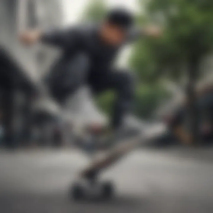 Skateboarder performing a trick while wearing black and gray Nikes