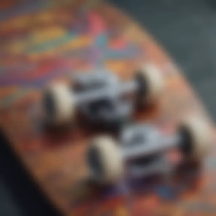 Close-up of colorful skateboard deck with matching graphic tee