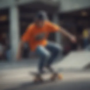 Skateboarder performing tricks while wearing a bright graphic tee