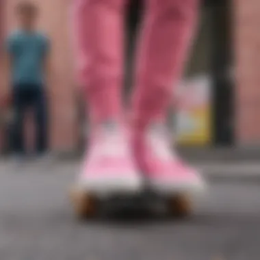 A group of skaters wearing pink Vans in an urban setting