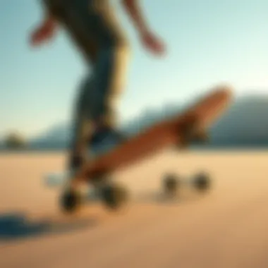 Action shot of a rider maneuvering the clear butterfly longboard on a smooth surface.