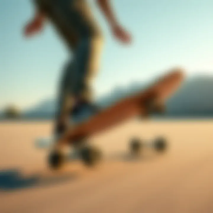 Action shot of a rider maneuvering the clear butterfly longboard on a smooth surface.