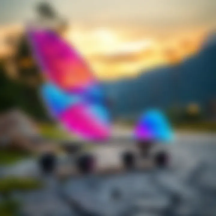 A vibrant clear butterfly longboard showcasing its unique design against a scenic backdrop.