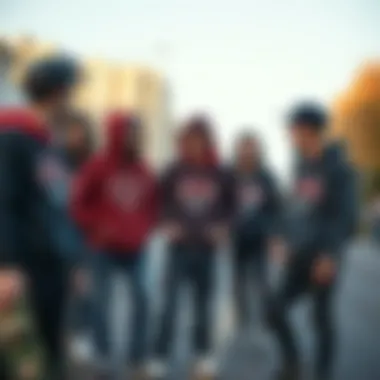 Skateboarders in Community A group of skateboarders in an urban setting, all wearing emo hoodies and interacting