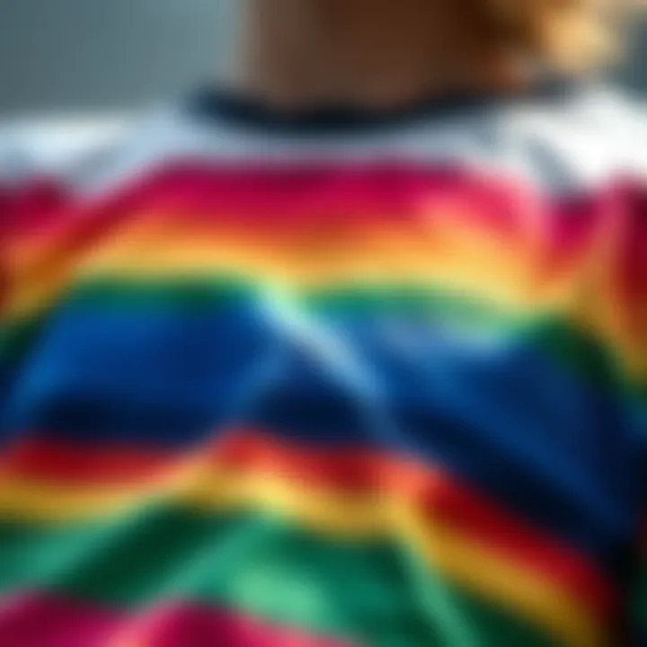 Close-up of colorful stripes on a t-shirt highlighting its design details