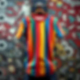 Vibrant rainbow stripe t-shirt displayed against a grunge skateboard background
