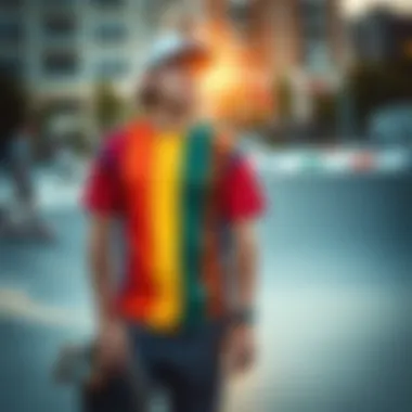 A skateboarder wearing a rainbow stripe t-shirt in an urban skatepark