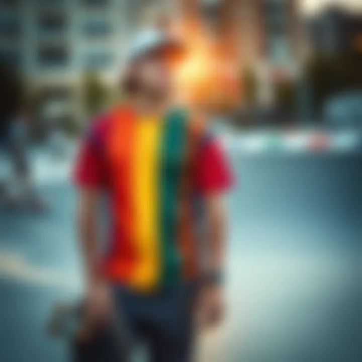 A skateboarder wearing a rainbow stripe t-shirt in an urban skatepark