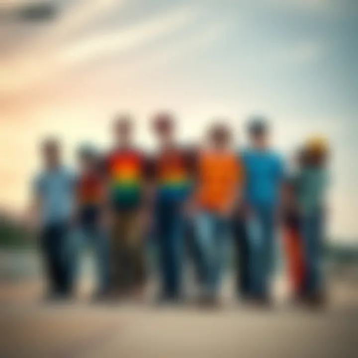 Group of skateboard enthusiasts showcasing diverse styles with rainbow stripe t-shirts