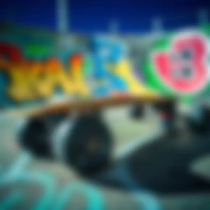 The Fusion of Skate Culture and Art A close-up of skateboard wheels on a graffiti-covered ramp