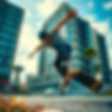 Skateboarding in Urban Landscapes A dynamic scene of a skateboarder performing a trick in an urban environment