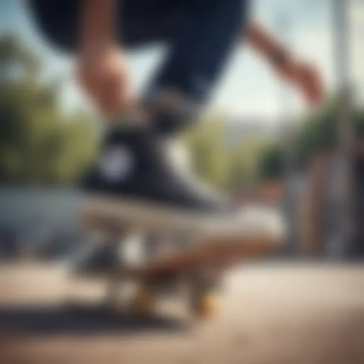 Skateboarder performing a trick while wearing Converse thin sole shoes.