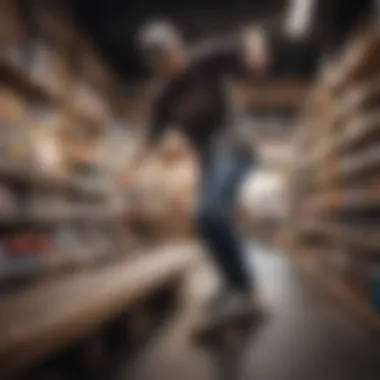 Skateboarder testing a skateboard in a local shop surrounded by various boards