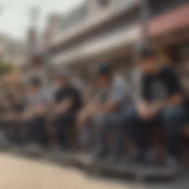 A group of skateboarders gathered, all wearing Hoonigan snapbacks, representing community.