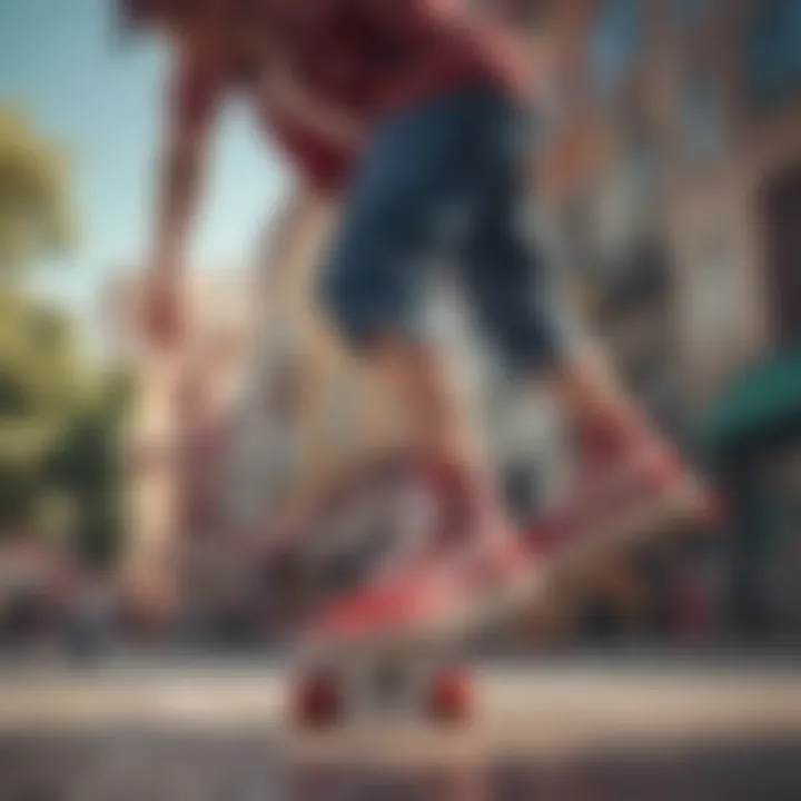 Skater performing tricks while wearing red checkered Vans in an urban setting.