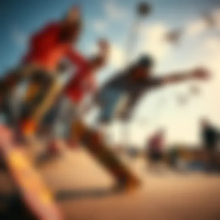 A vibrant skateboarding scene showcasing diverse styles and tricks