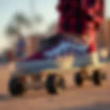 Maroon and white checkered Vans on a skateboard