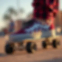 Maroon and white checkered Vans on a skateboard