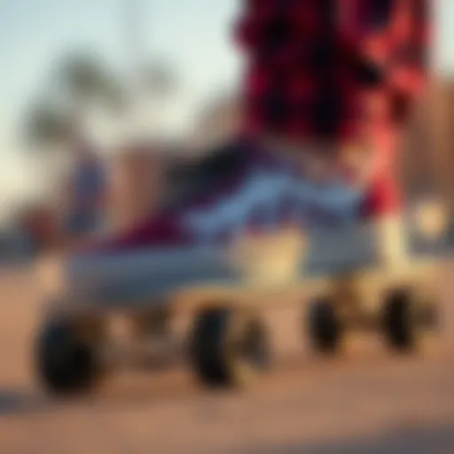 Maroon and white checkered Vans on a skateboard