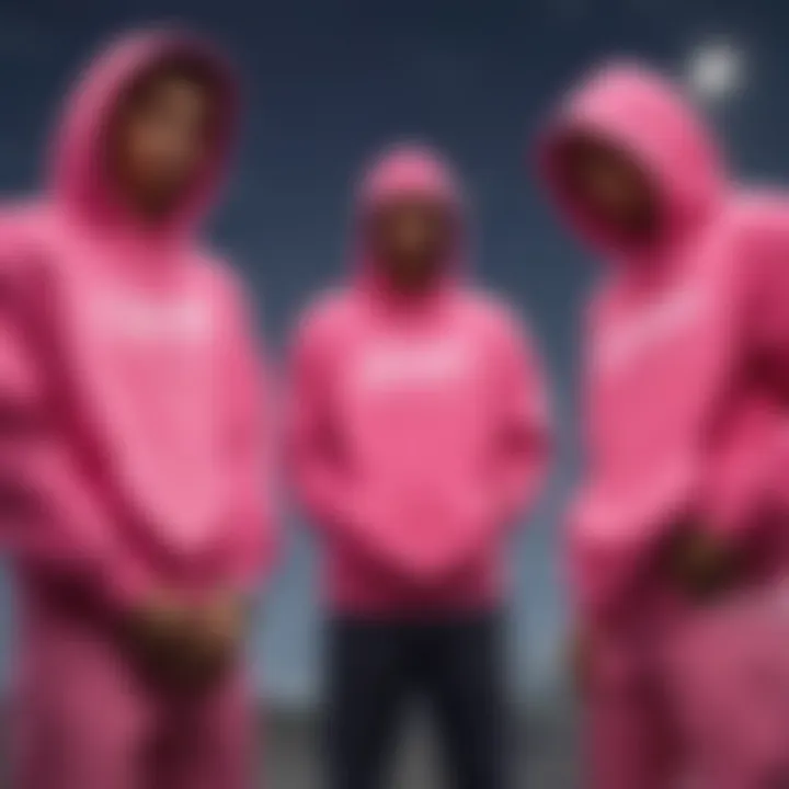 Group of skateboarders showcasing diverse styles with neon pink Champion hoodies