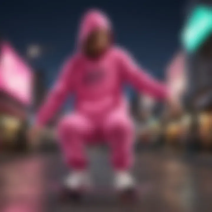 Skateboarder performing tricks while wearing a neon pink Champion hoodie