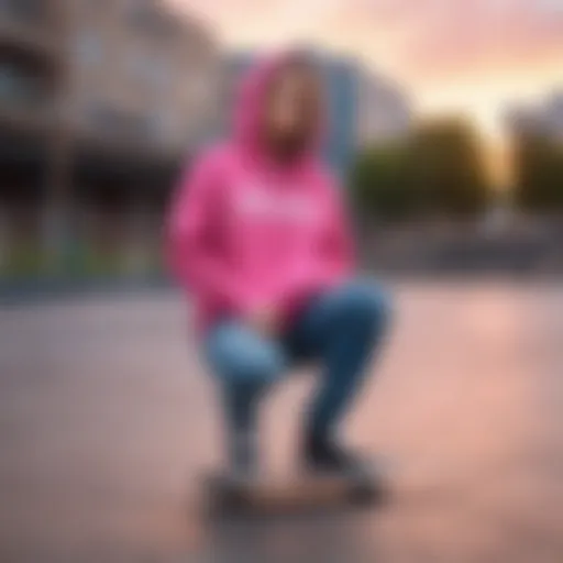 Neon pink Champion hoodie displayed in an urban skate park setting