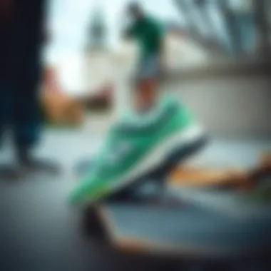Cultural Relevance in Skateboarding: New Balance 997h Green Candid shot of the New Balance 997h Green in a skateboarding environment, illustrating its cultural relevance