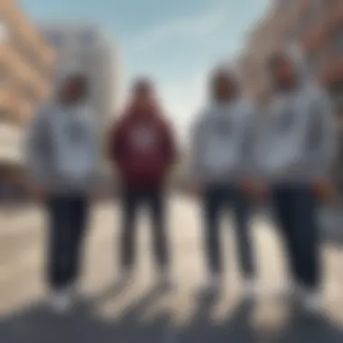 Group of skaters gathered in an urban setting, all wearing NikeClub hoodies