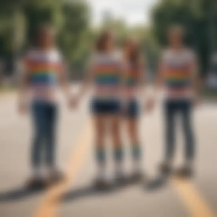 Group of skaters wearing rainbow stripe t-shirts in action