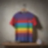 Vibrant rainbow stripe t-shirt against a skateboard backdrop