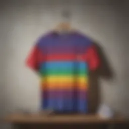 Vibrant rainbow stripe t-shirt against a skateboard backdrop