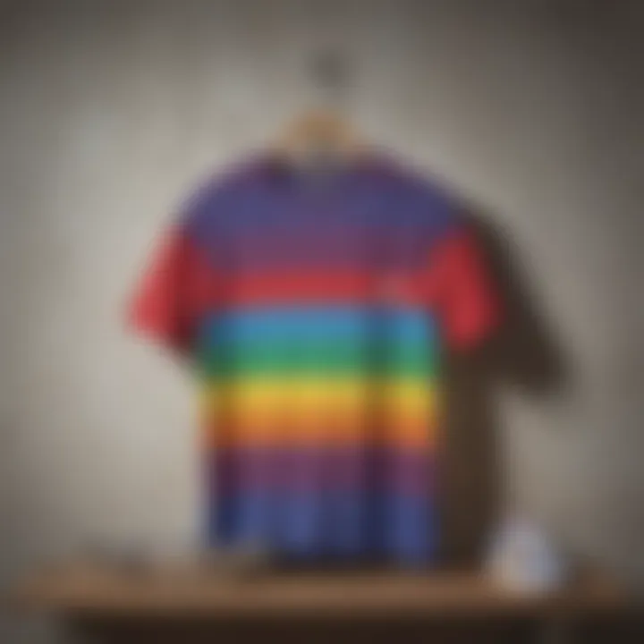 Vibrant rainbow stripe t-shirt against a skateboard backdrop