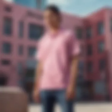 Lifestyle imagery showing the RVCA pink shirt in an urban skate setting.