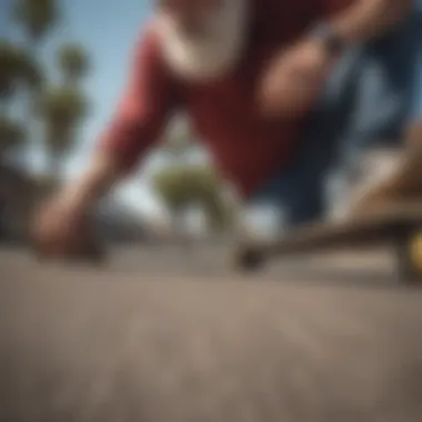 Close-up of skateboard wheels and a Santa Cruz trucker in action