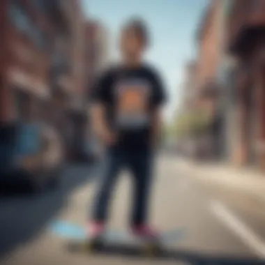 Skateboarder wearing a Mishka t-shirt in an urban setting