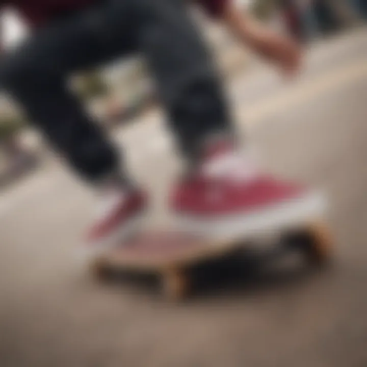 Skateboarder wearing Vans Authentic Maroon during a trick