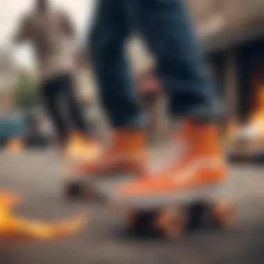 Group of skateboarders wearing vibrant flame-themed shoes