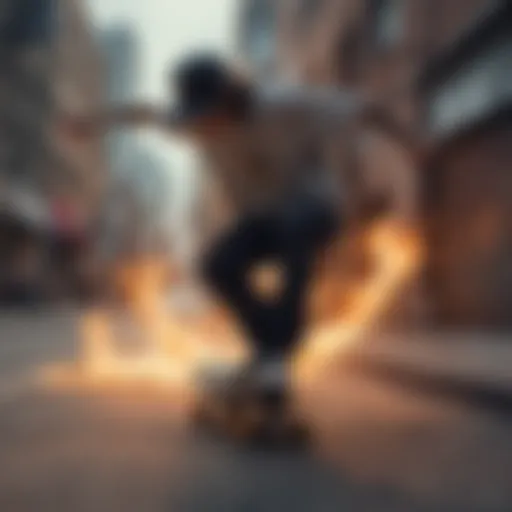 Skateboarder showcasing vans with flames in an urban setting