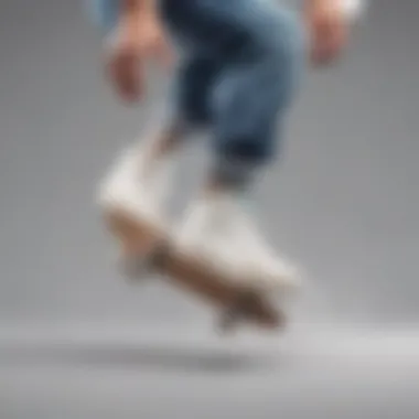 Skateboarder performing a trick wearing white laced shoes