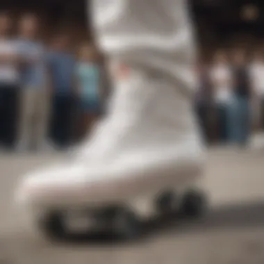 Skateboarding event showcasing participants wearing white laced shoes