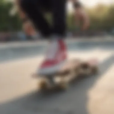 Skateboarding with Vans Low Profile Footwear A skateboarder wearing Vans low profile shoes in action at a skate park, highlighting agility and functionality.