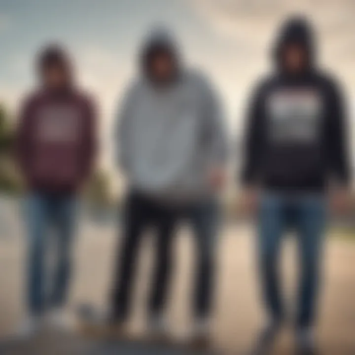 A skateboard park with enthusiasts wearing various hoodies