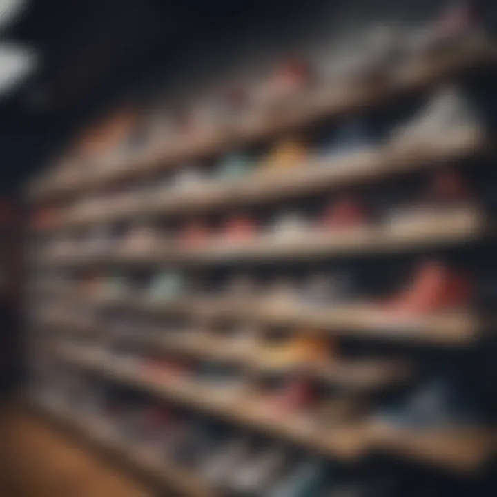 A display of various skate shoe brands on a retail shelf